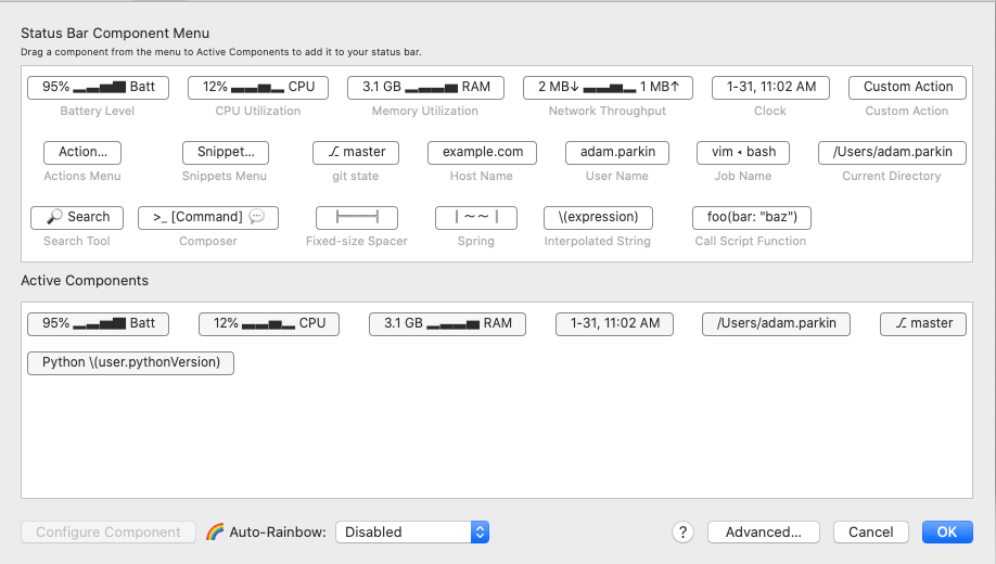 My iTerm2 Status Bar Settings